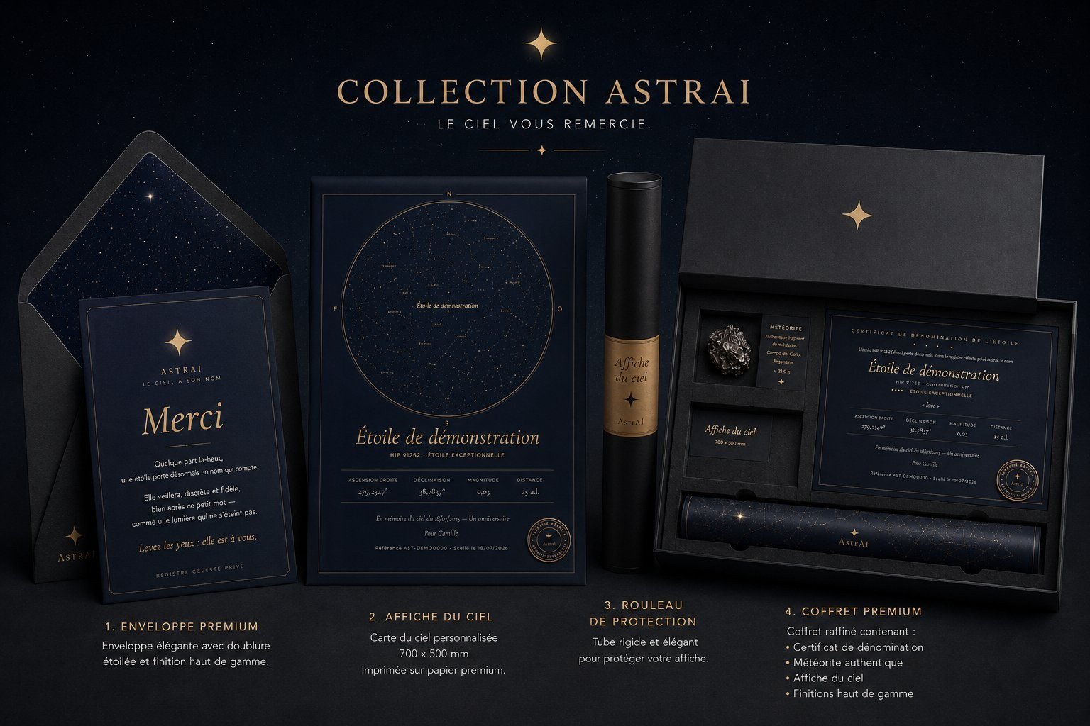 La collection AstrAI : enveloppe, affiche du ciel, tube et coffret Prestige